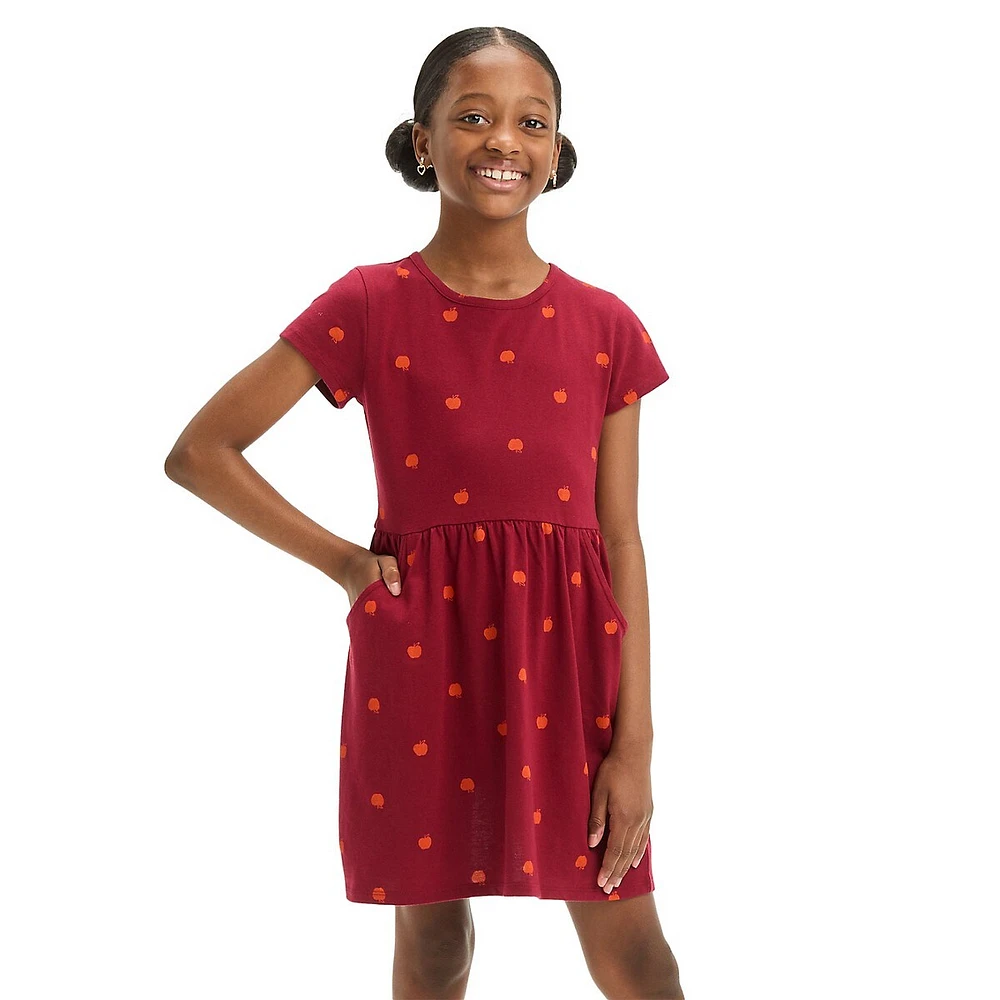 Girl's Apple-Print Short-Sleeve Dress