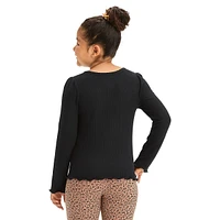 Girl's Waffle-Knit Frilly Henley Sweater