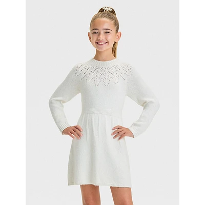 Girl's Long-Sleeve Pointelle Sweater Dress