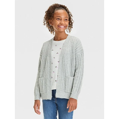 ​Girl's Ribbed Open-Front Patch-Pocket Cardigan