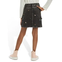 Girl's High-Rise Embroidered Floral Denim Skirt