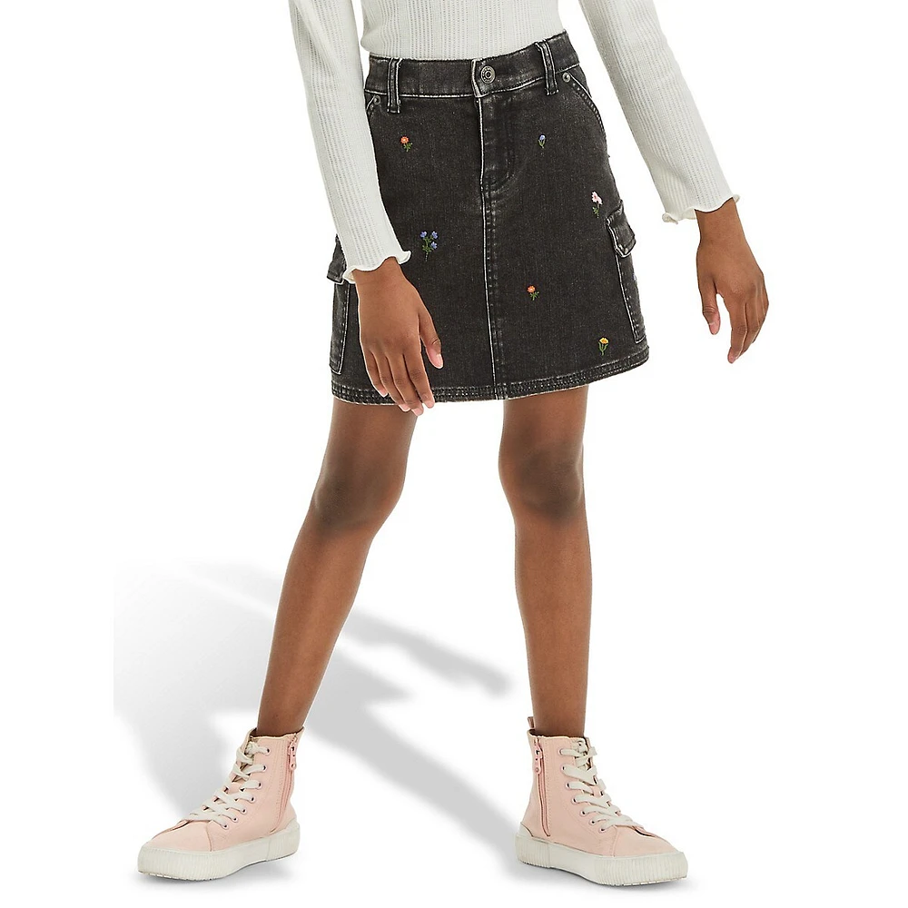 Girl's High-Rise Embroidered Floral Denim Skirt