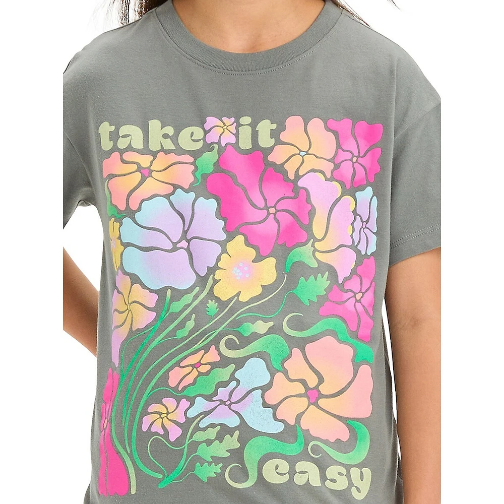 Girl's Take It Easy Floral-Graphic Drop-Shoulder Boxy T-Shirt