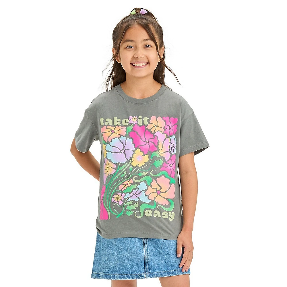 Girl's Take It Easy Floral-Graphic Drop-Shoulder Boxy T-Shirt