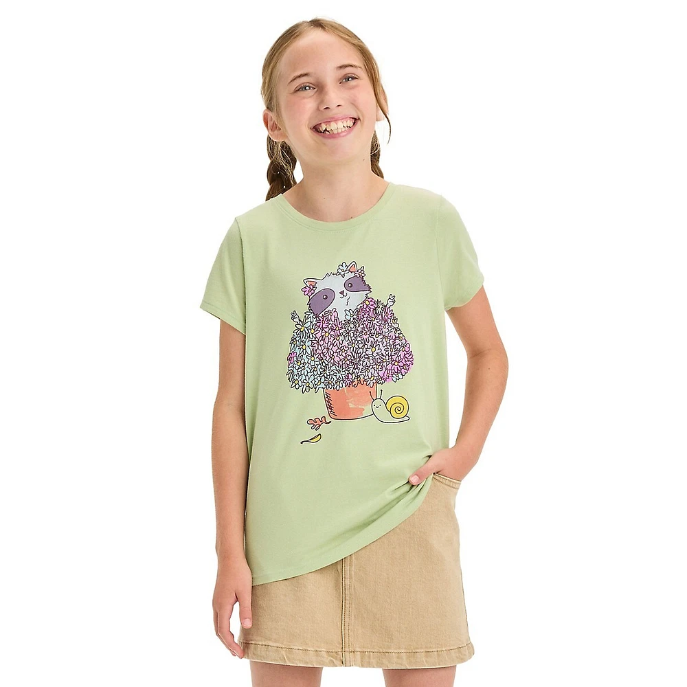 Girl's Raccoon Mum Pot Graphic T-Shirt