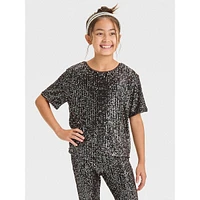 Girl's Short-Sleeve Sequin Party Top