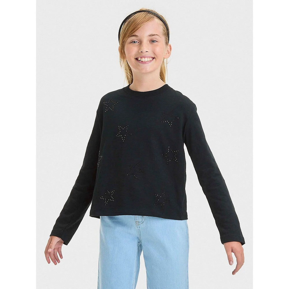 Girl's Star-Embellished Long-Sleeve T-Shirt