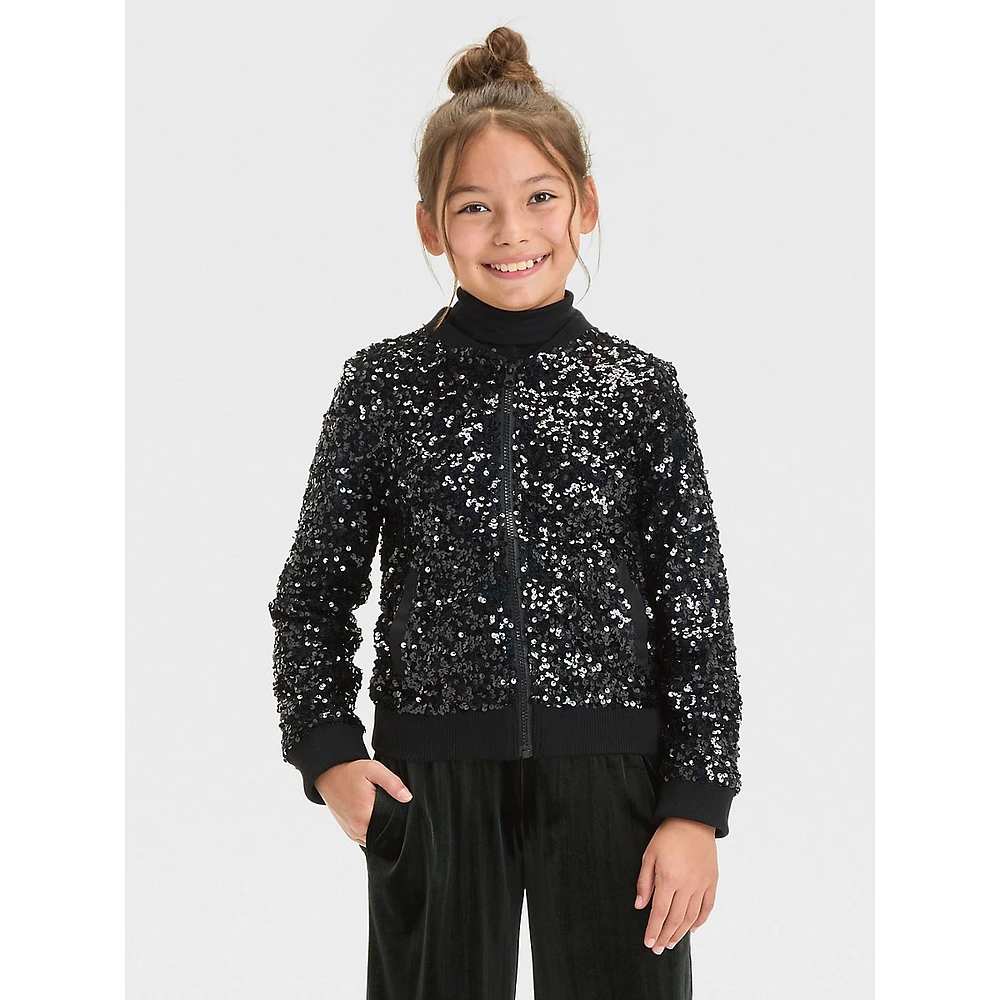 Girl's Zip-Up Sequin Bomber Jacket