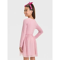 Girl's Long-Sleeve Ribbed-Knit &Tulle Dress