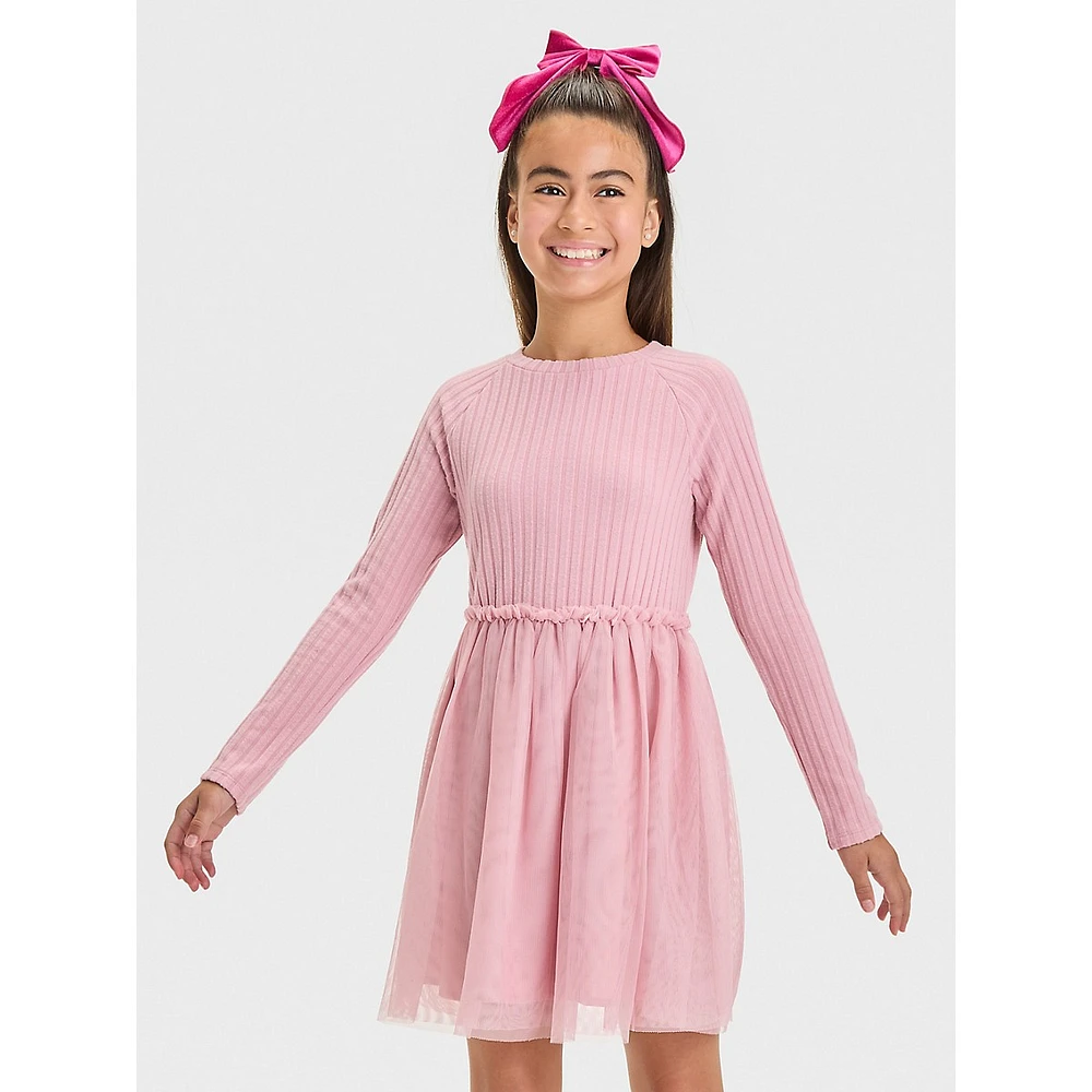 Girl's Long-Sleeve Ribbed-Knit &Tulle Dress