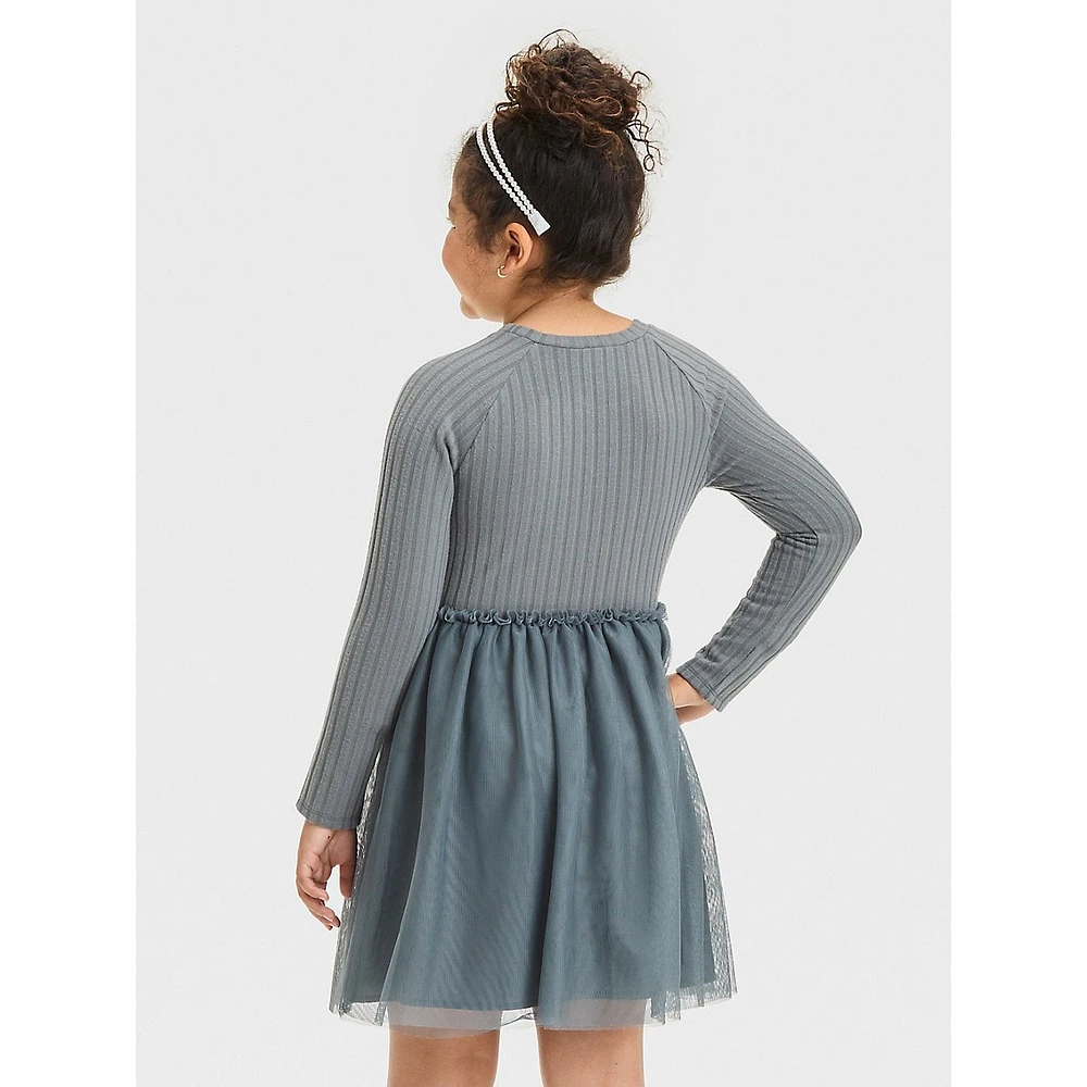 Girl's Long-Sleeve Ribbed-Knit &Tulle Dress