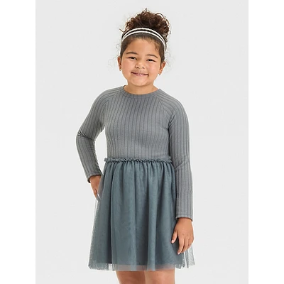 Girl's Long-Sleeve Ribbed-Knit &Tulle Dress