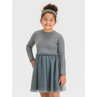 Girl's Long-Sleeve Ribbed-Knit &Tulle Dress