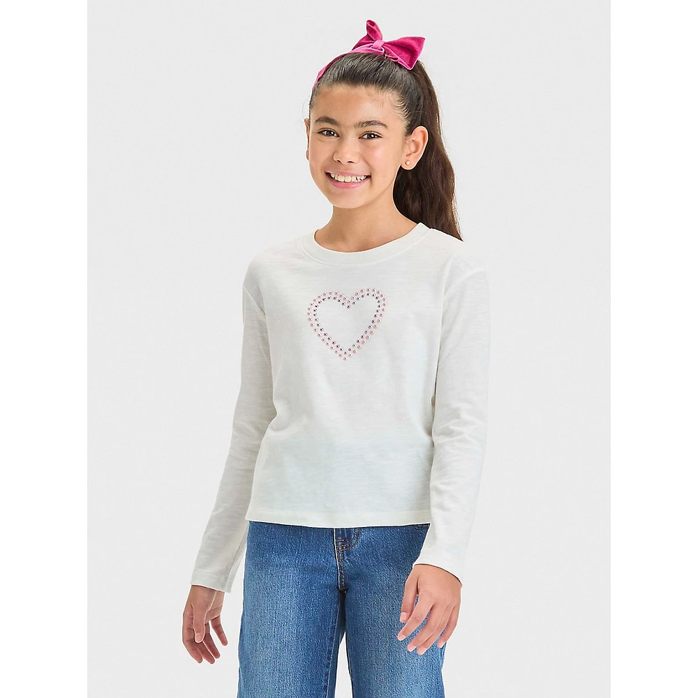 Girl's Heart-Embellished Long-Sleeve T-Shirt