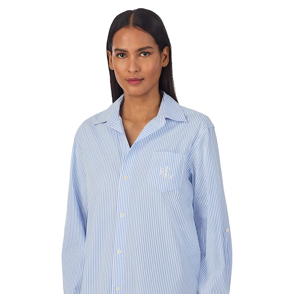 Striped Long-Sleeve Roll-Tab His Shirt Sleepshirt