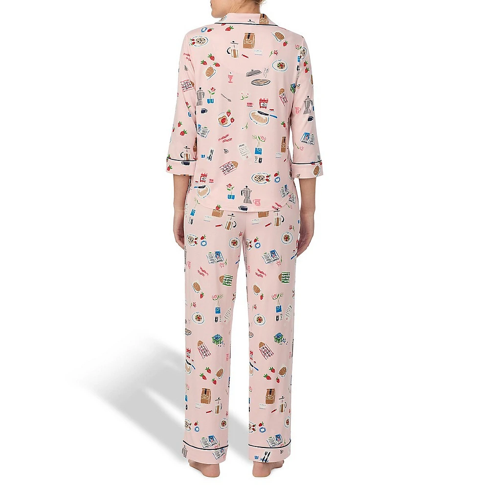 2-Piece Kitchen-Print Piped Pyjama Set