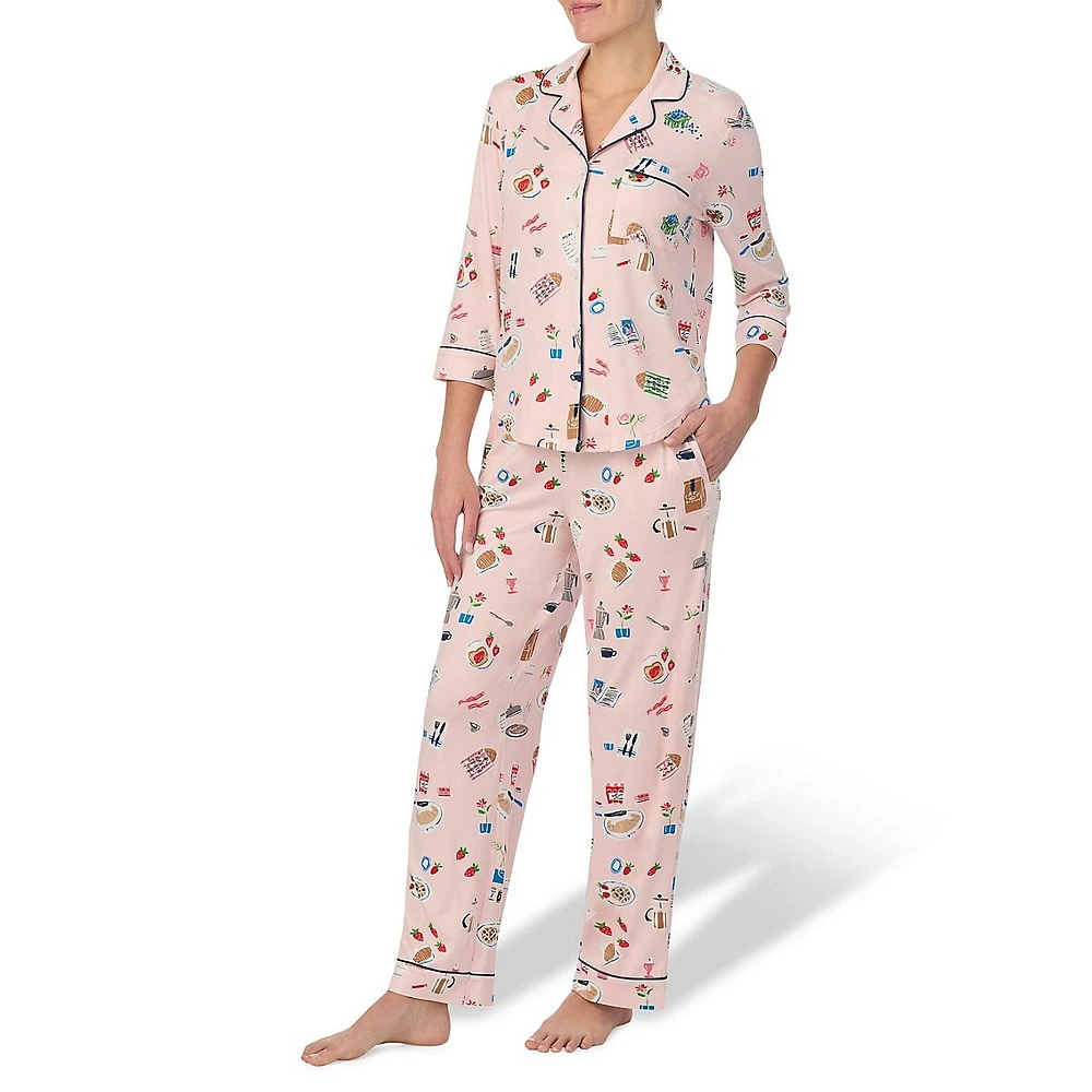 2-Piece Kitchen-Print Piped Pyjama Set