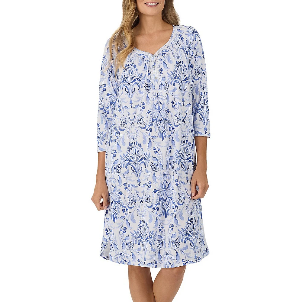 Three-Quarter-Sleeve Lace-Trimmed Nightgown