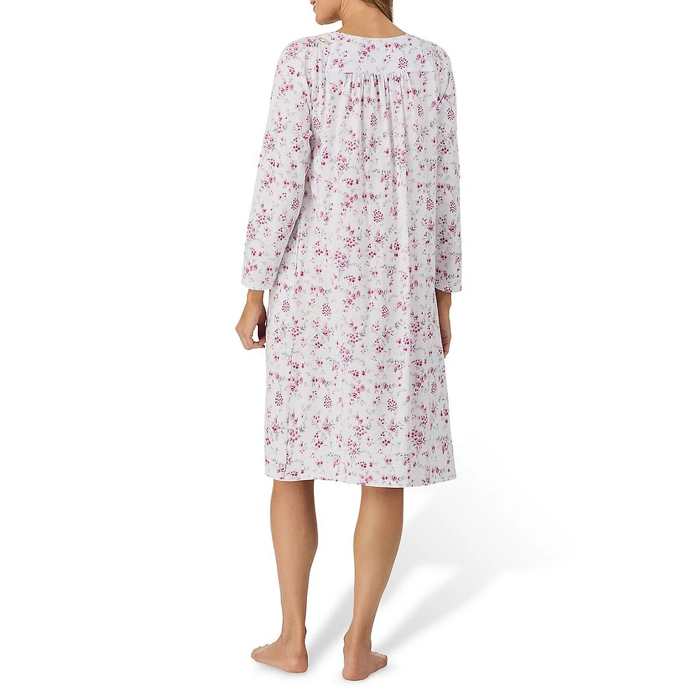 Lace-Trim Printed Long-Sleeve Nightgown