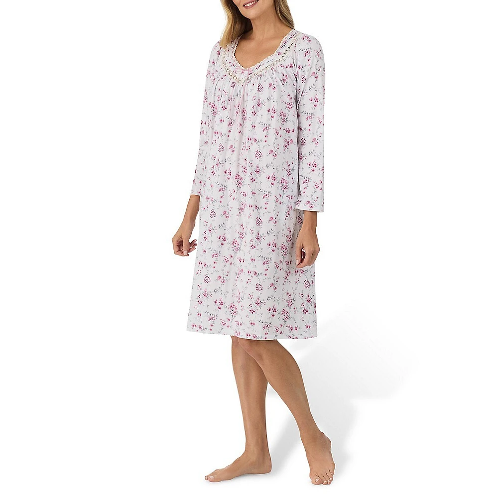 Lace-Trim Printed Long-Sleeve Nightgown