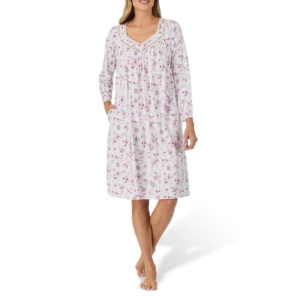 Lace-Trim Printed Long-Sleeve Nightgown