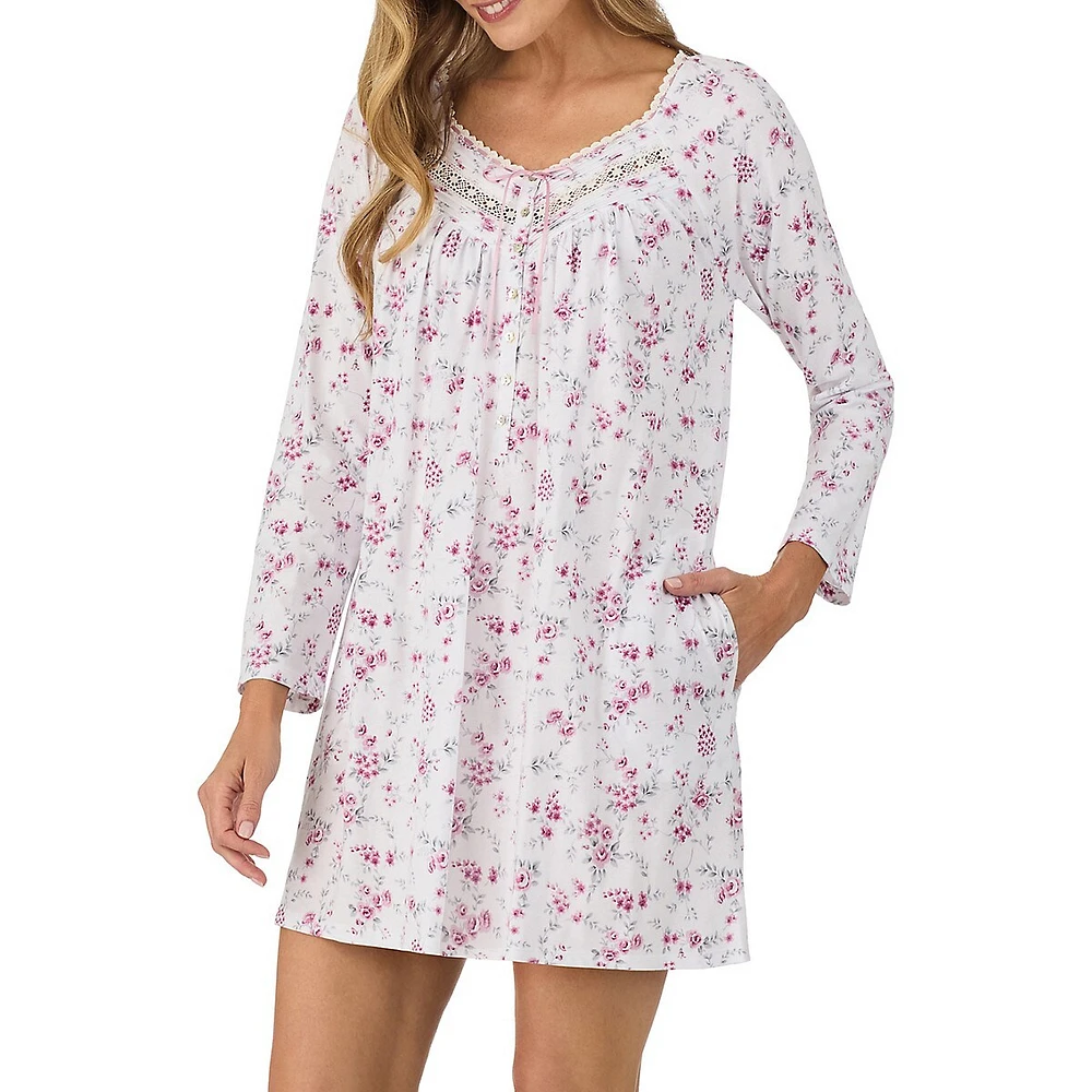 Lace-Trim Printed Long-Sleeve Short Nightgown