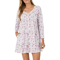 Lace-Trim Printed Long-Sleeve Short Nightgown