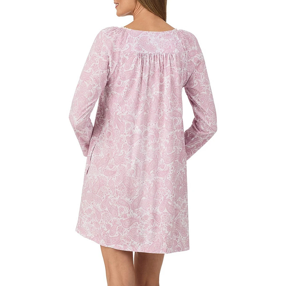 Lace-Trim Printed Long-Sleeve Short Nightgown