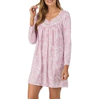 Lace-Trim Printed Long-Sleeve Short Nightgown