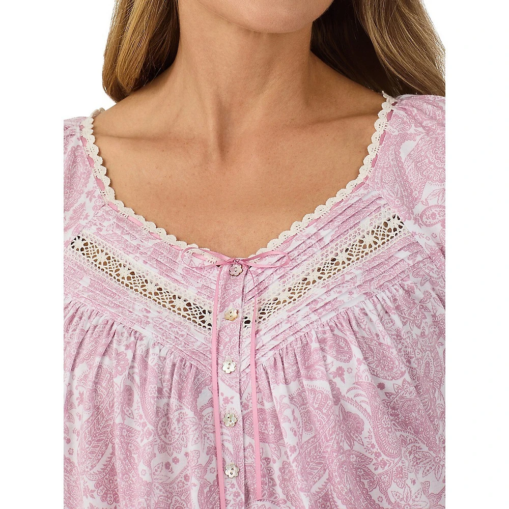 Lace-Trim Printed Long-Sleeve Short Nightgown