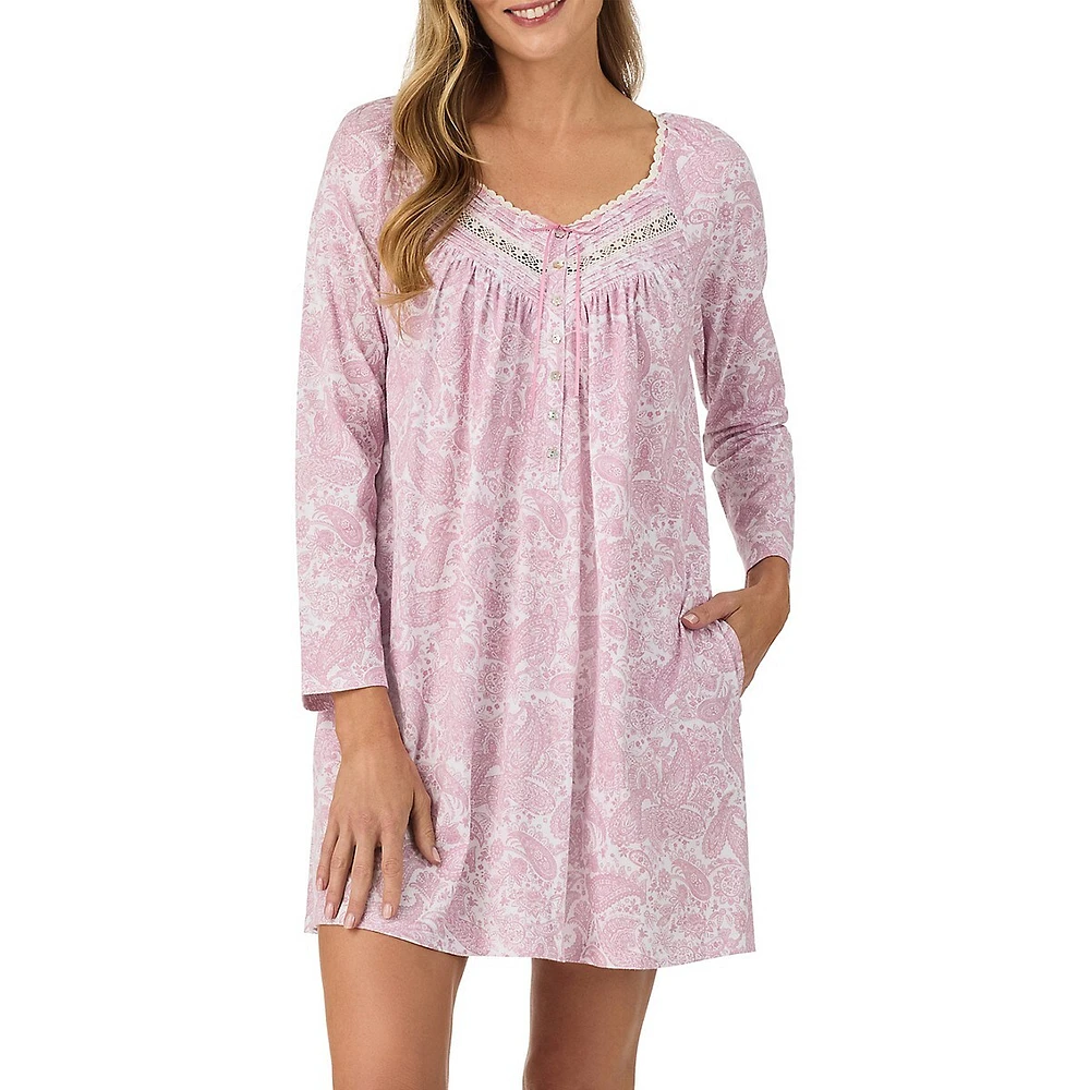 Lace-Trim Printed Long-Sleeve Short Nightgown