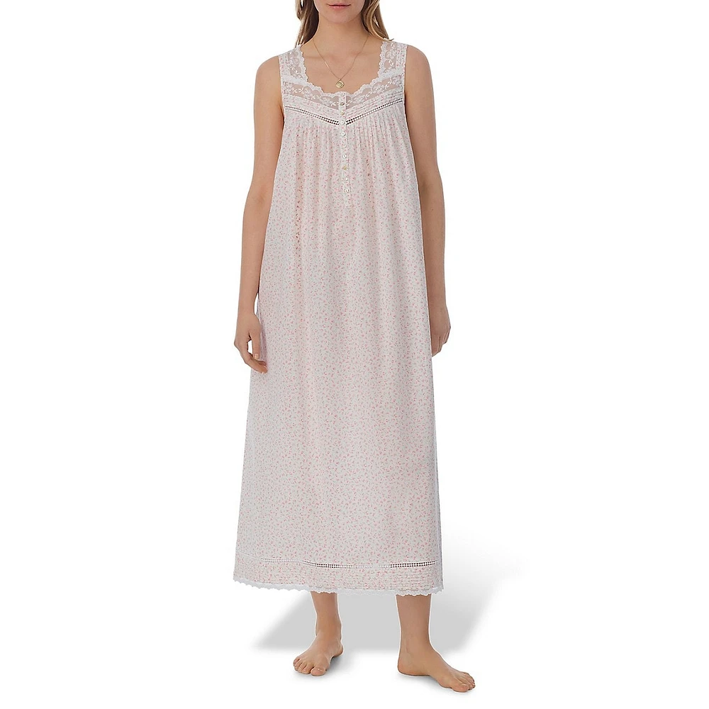 Ditsy Floral Lawn Sleeveless Long Nightgown