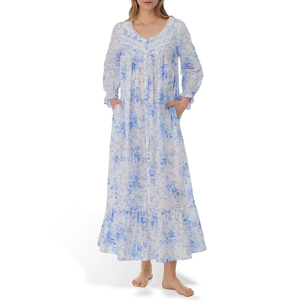 Floral-Print Button-Front Long Ballet Robe