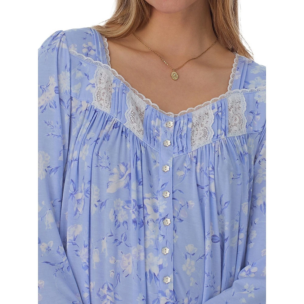 Floral-Print Modal Jersey Long-Sleeve Nightgown