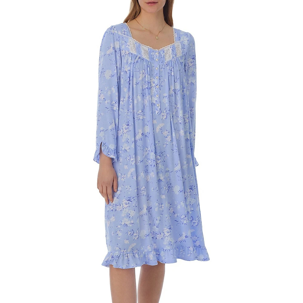 Floral-Print Modal Jersey Long-Sleeve Nightgown