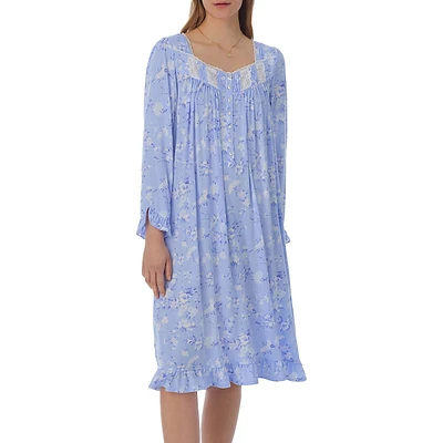 Floral-Print Modal Jersey Long-Sleeve Nightgown