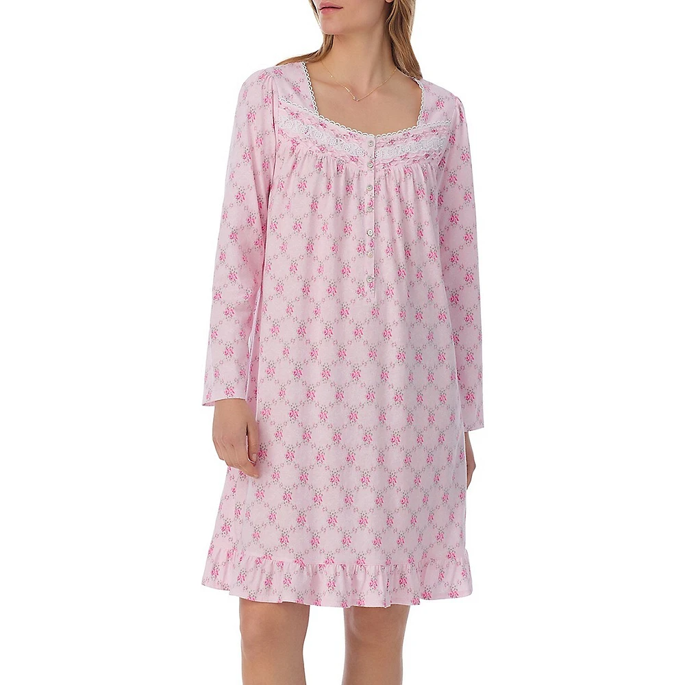 Rose-Floral Long-Sleeve Short Nightgown