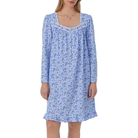 Floral-Print Jersey Long-Sleeve Short Nightgown