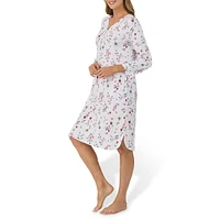 Lace-Trim Printed Long-Sleeve Henley Sleepshirt