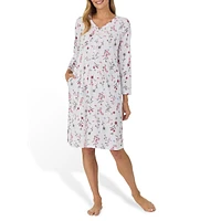 Lace-Trim Printed Long-Sleeve Henley Sleepshirt