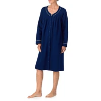 Long-Sleeve Snap-Front Cord-Trim Duster Robe