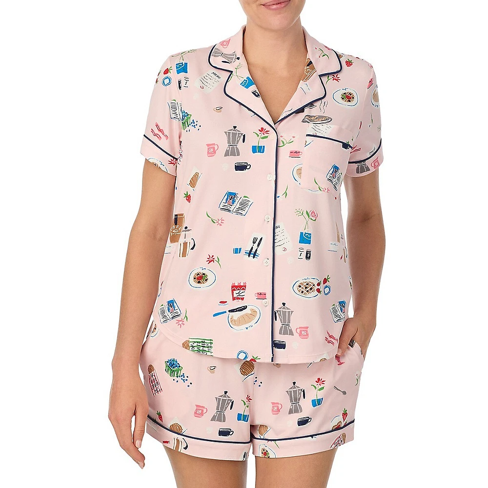 2-Piece Piped Kitchen-Print Boxer-Short Pyjama Set