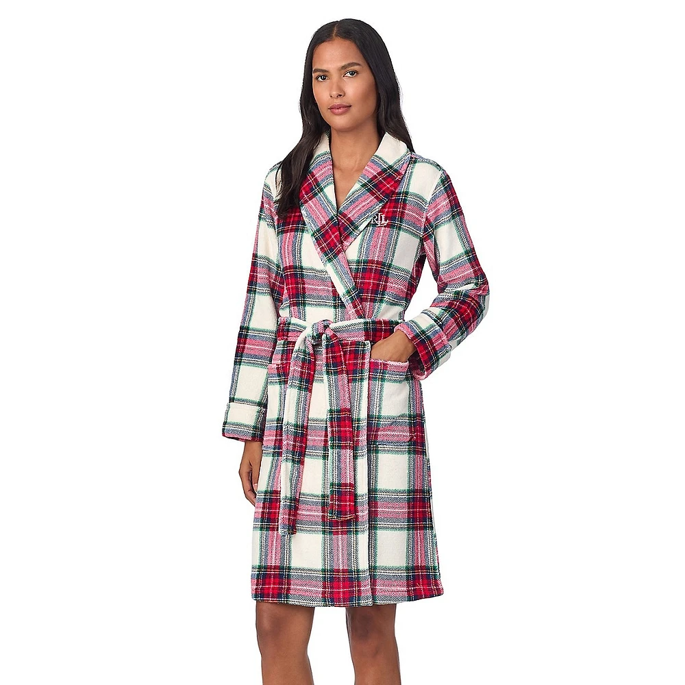 Plaid Shawl-Collar Short Wrap Robe