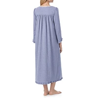 Lace-Trim Jersey Long-Sleeve Midi Nightgown