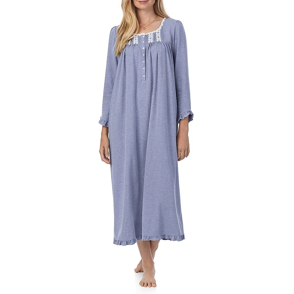 Lace-Trim Jersey Long-Sleeve Midi Nightgown