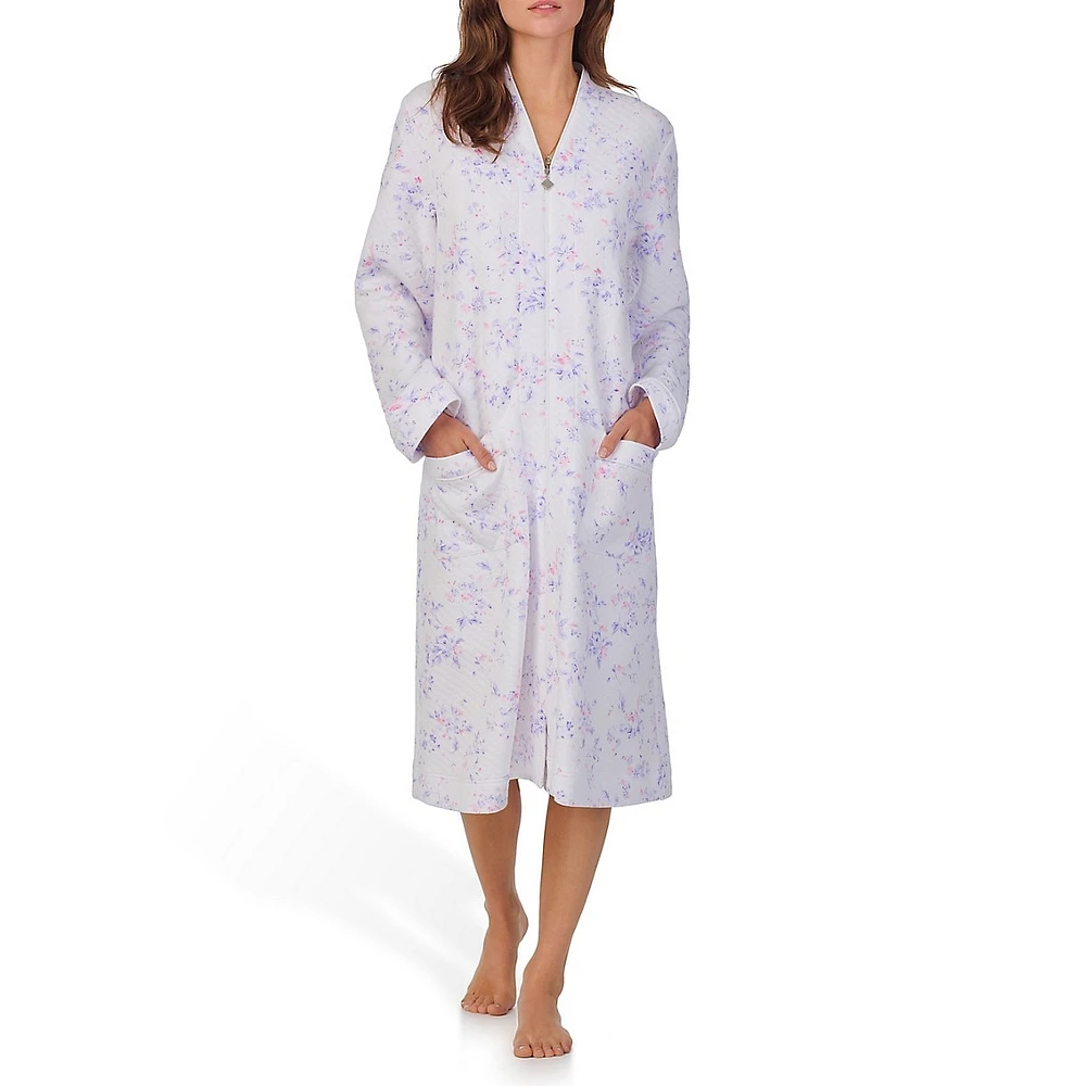 Diamond-Quilt Floral Zip-Front Robe