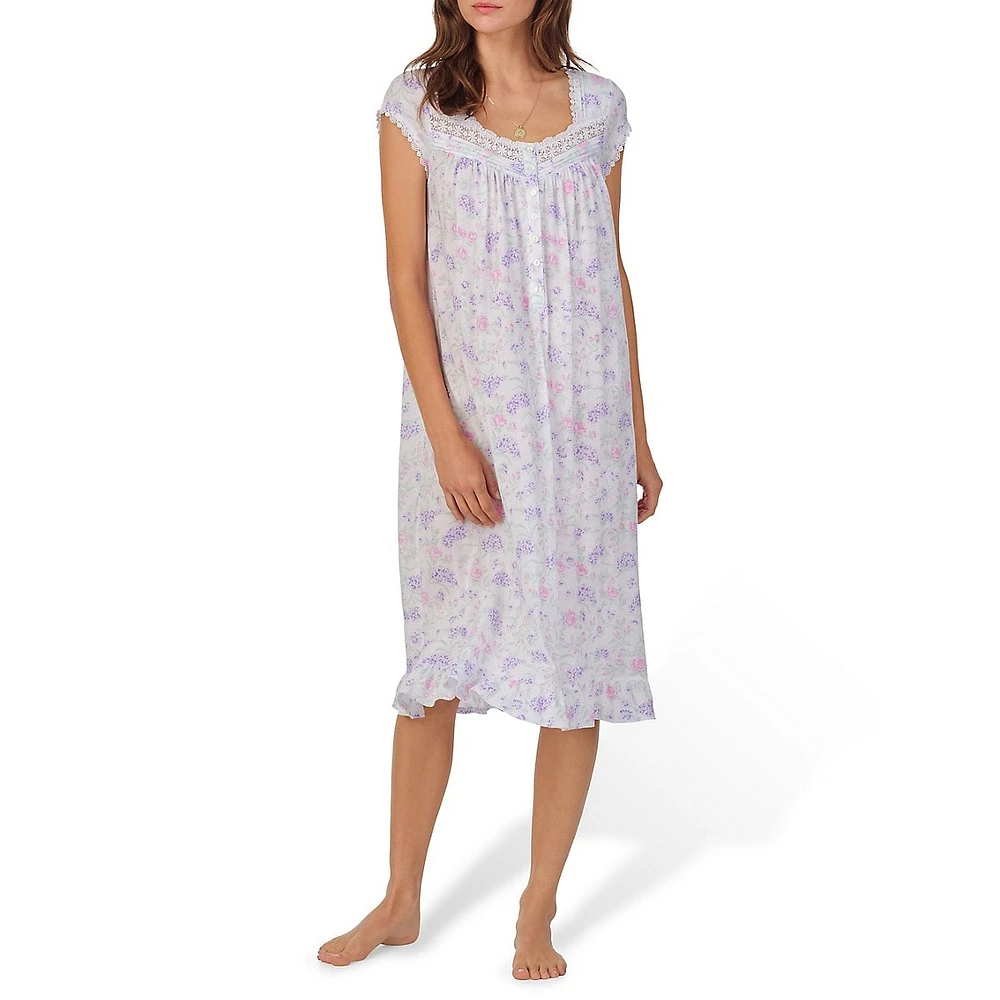 Floral-Print Cap-Sleeve Waltz Nightgown