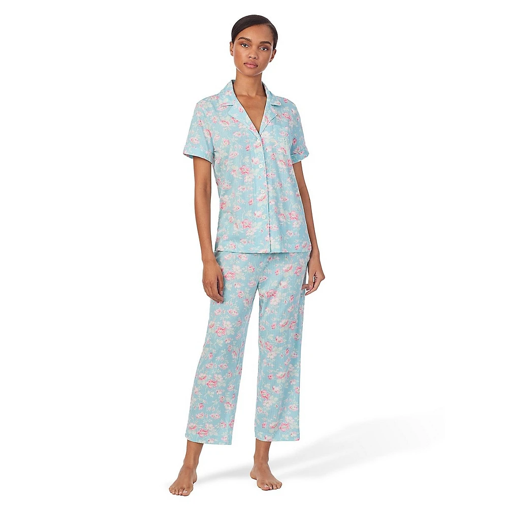 2-Piece Short-Sleeve Shirt & Cropped Pants Knit Pyjama Set