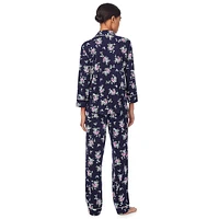 2-Piece Printed Notch-Collar Three-Quarter Sleeve Shirt & Pants Pyjamas Set