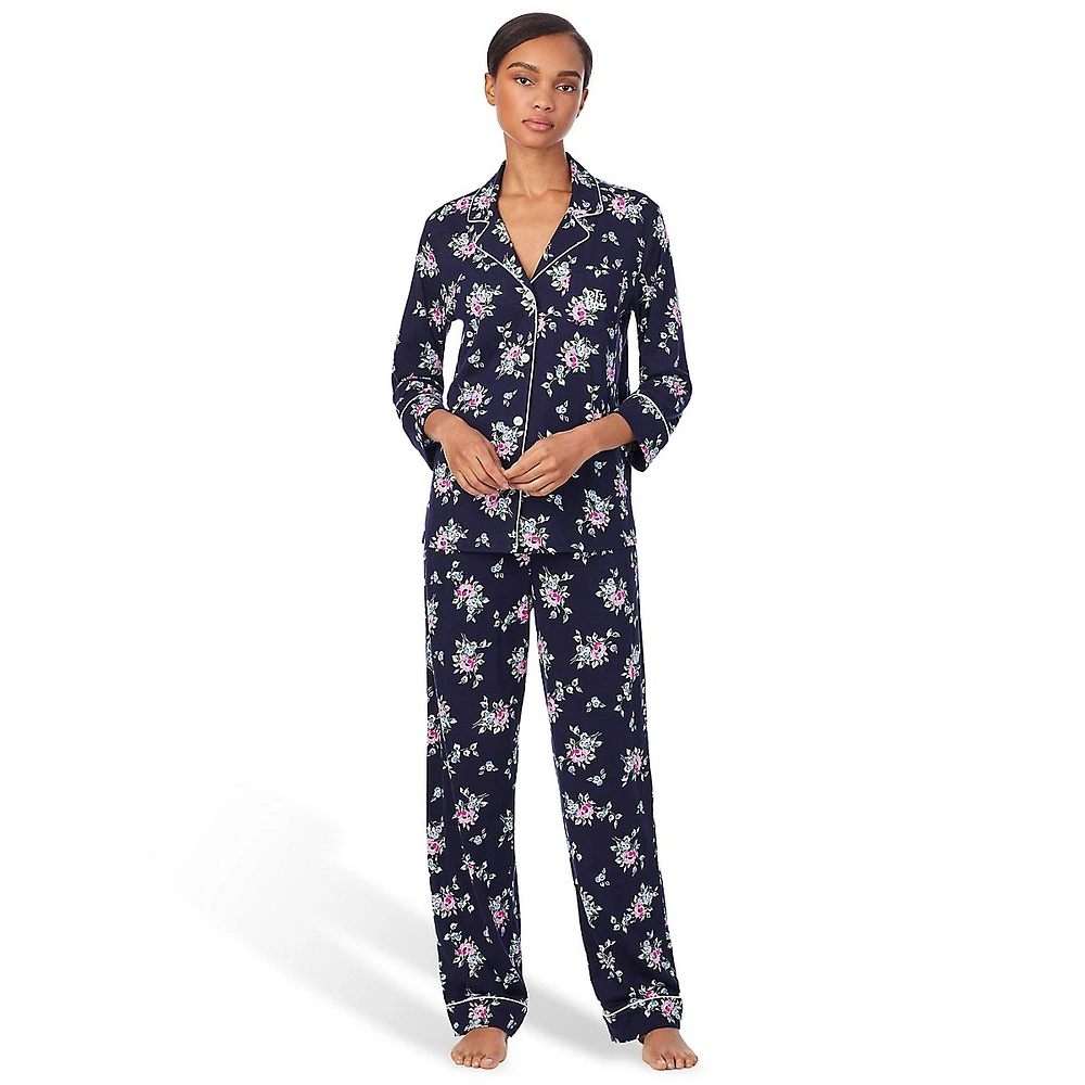 2-Piece Printed Notch-Collar Three-Quarter Sleeve Shirt & Pants Pyjamas Set